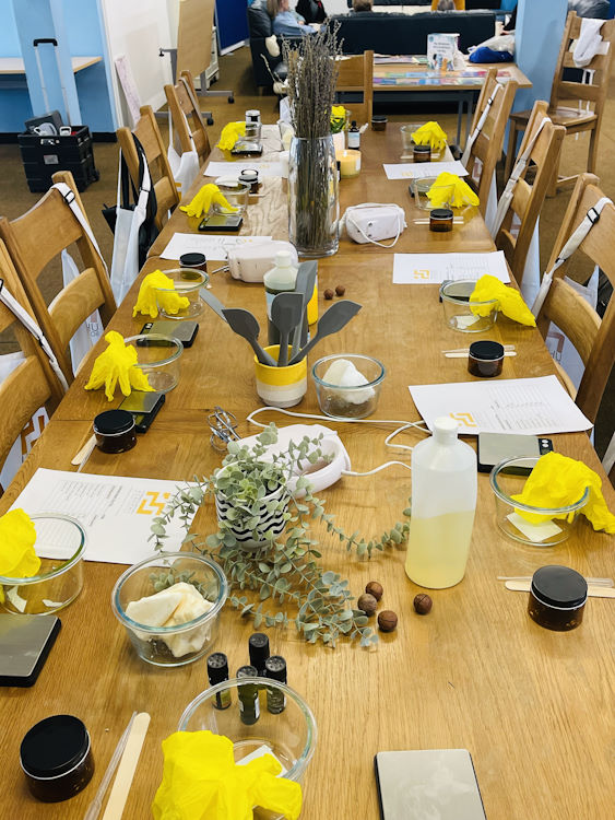 Table set up, ready for a cosmetic formulation training course